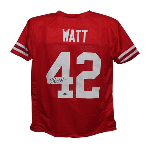 TJ Watt Autographed/Signed College Style Red XL Jersey Beckett BAS 33297