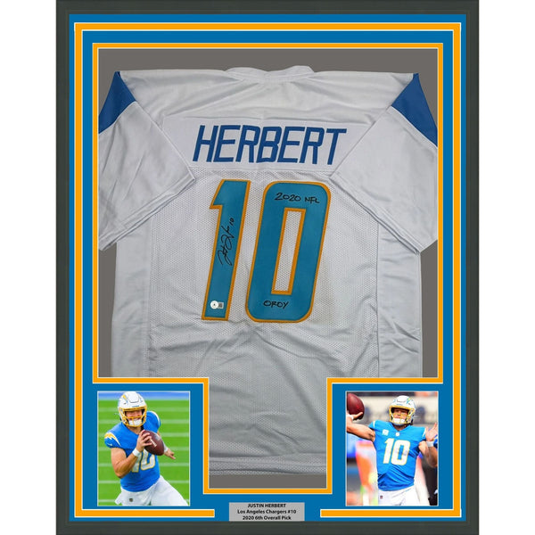 Framed Autographed/Signed Justin Herbert ROY 35x39 White Jersey Beckett COA