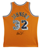 Lakers Magic Johnson Signed Yellow Diamond M&N 84-85 HWC Swingman Jersey BAS Wit