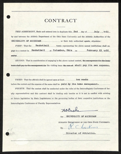 Fritz Crisler HOF Michigan Head Coach Signed/Auto Contract PSA BA199010