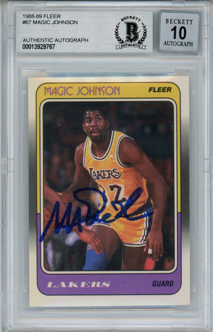 Magic Johnson Signed 1988-89 Fleer #67 Trading Card Beckett 10 Slab 37817