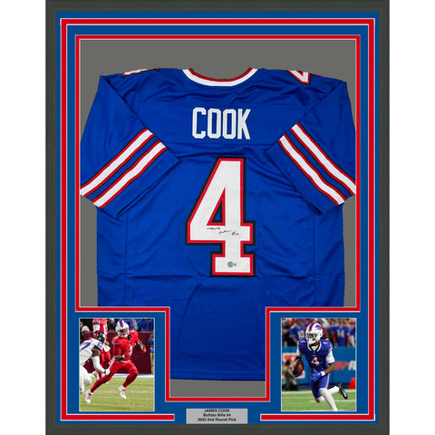 Framed Autographed/Signed James Cook 33x42 Buffalo Blue Football Jersey BAS COA