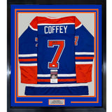 Framed Autographed/Signed Paul Coffey 35x39 Edmonton Blue Jersey JSA COA