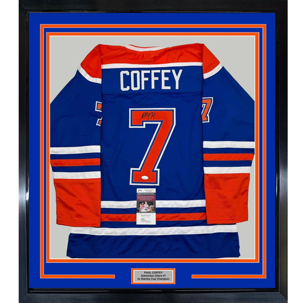 Framed Autographed/Signed Paul Coffey 35x39 Edmonton Blue Jersey JSA COA