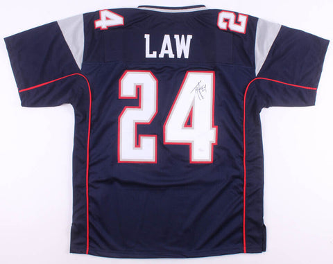 Ty Law Signed New England Patriots Blue Jersey (JSA COA) 3xSuper Bowl Champion