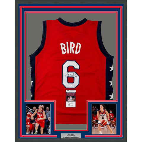 Framed Autographed/Signed Sue Bird 35x39 USA Olympics Red Basketball Jersey JSA