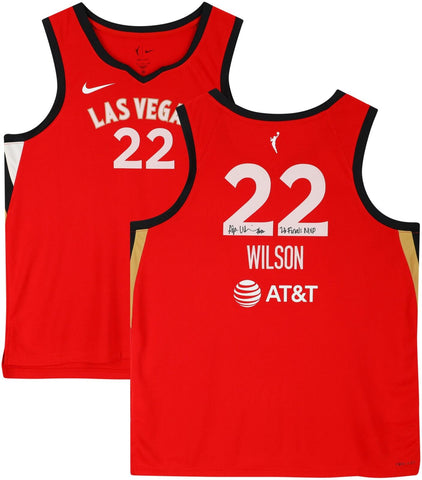A'ja Wilson Aces 2023 WNBA Finals Champ Signed Red Nike Explorer Jersey w/Insc