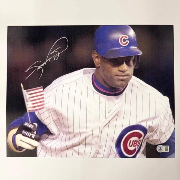 Autographed/Signed Sammy Sosa USA Flag Chicago Cubs 11x14 Baseball Photo BAS COA