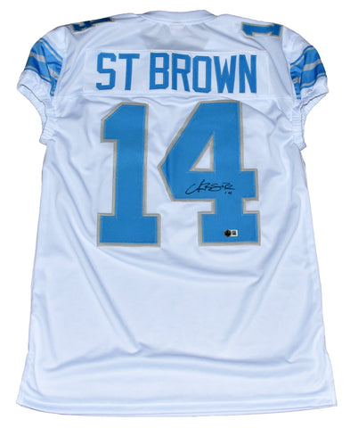 AMON-RA ST BROWN SIGNED DETROIT LIONS #14 2024 WHITE GAME CUT JERSEY BECKETT