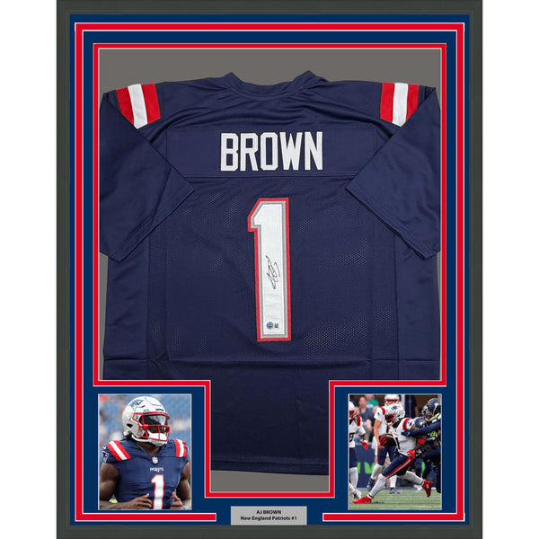 Framed Autographed/Signed AJ Brown 35x39 New England Blue Jersey BAS COA