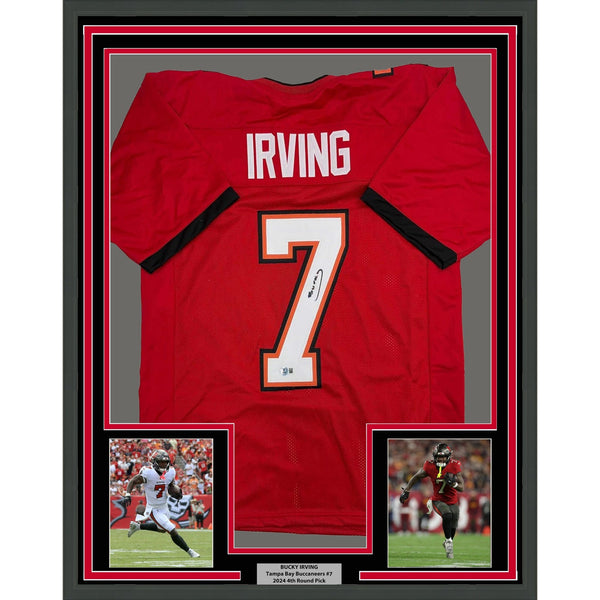 Framed Autographed/Signed Bucky Irving 35x39 Tampa Bay Red Jersey BAS COA