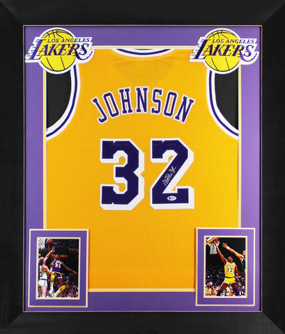 Magic Johnson Authentic Signed & Framed Yellow Pro Style Jersey BAS Witnessed