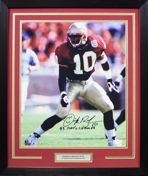 DERRICK BROOKS SIGNED FLORIDA STATE SEMINOLES 16x20 FRAMED PHOTO W/ 93 CHAMPS