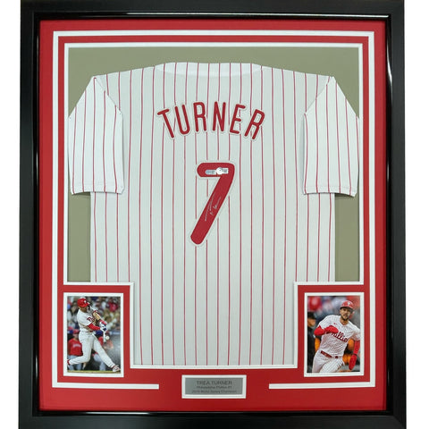Framed Autographed/Signed Trea Turner 35x39 Pinstripe Jersey Beckett COA