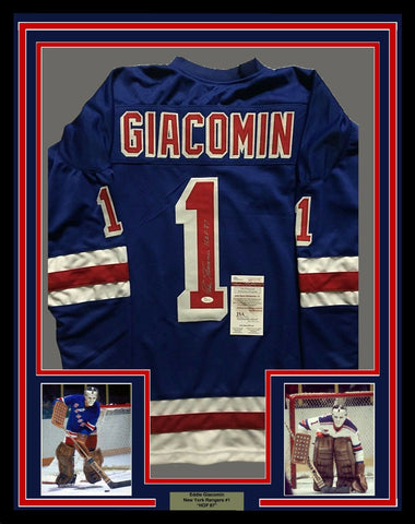 FRAMED Autographed/Signed EDDIE GIACOMIN 33x42 NY Rangers Blue Jersey JSA COA