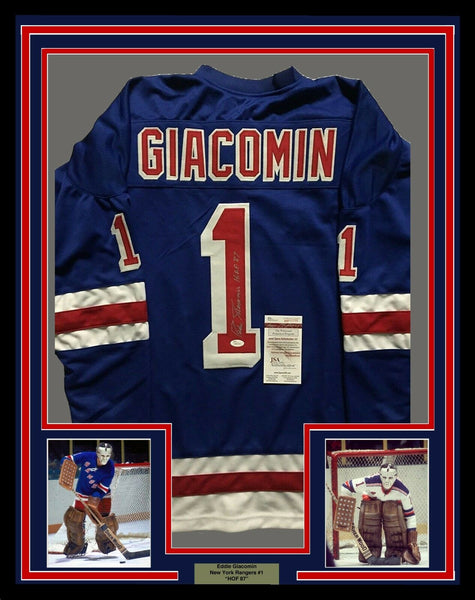 FRAMED Autographed/Signed EDDIE GIACOMIN 33x42 NY Rangers Blue Jersey JSA COA