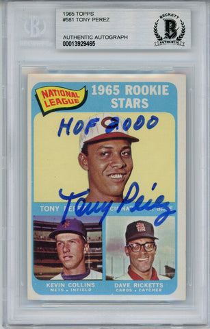 Tony Perez Autographed 1965 Topps #581 Rookie Card HOF Beckett Slab 33684