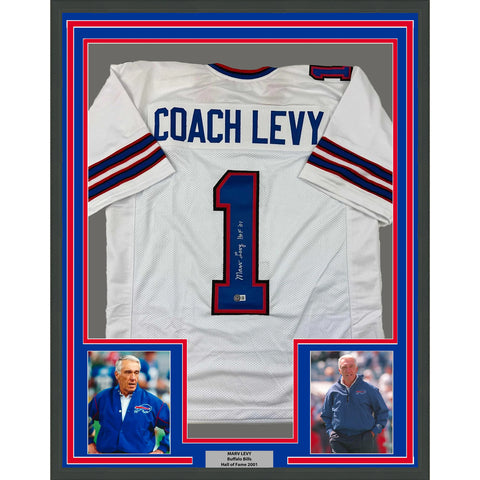 Framed Autographed/Signed Coach Marv Levy 33x42 HOF 01 White Jersey BAS COA