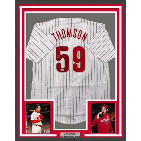 Framed Autographed/Signed Rob Thomson 33x42 Pinstripe Jersey Beckett BAS COA