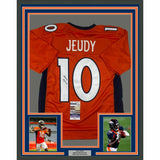 FRAMED Autographed/Signed JERRY JEUDY 33x42 Denver Orange Jersey JSA COA Auto