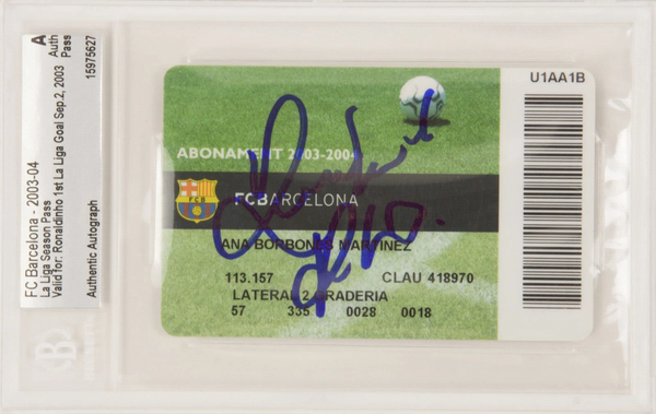 Ronaldinho Signed 2003 Barcelona First La Liga Goal Season Pass - BGS Authentic
