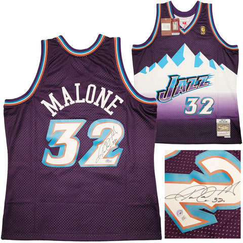 JAZZ KARL MALONE AUTOGRAPHED PURPLE & TEAL M&N JERSEY XL BECKETT 211883