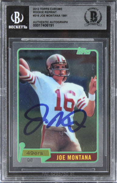 49ers Joe Montana Signed 2012 Topps Chrome Rookie Reprint #216 Card BAS Slabbed
