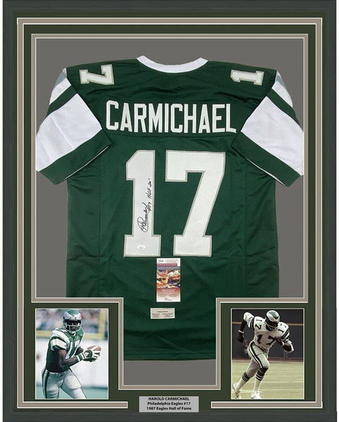 Framed Autographed/Signed Harold Carmichael 35x39 HOF 20 Green Jersey JSA COA