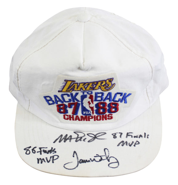 Magic Johnson & James Worthy "Finals MVP" Signed 1987-88 NBA Champions Hat BAS 2