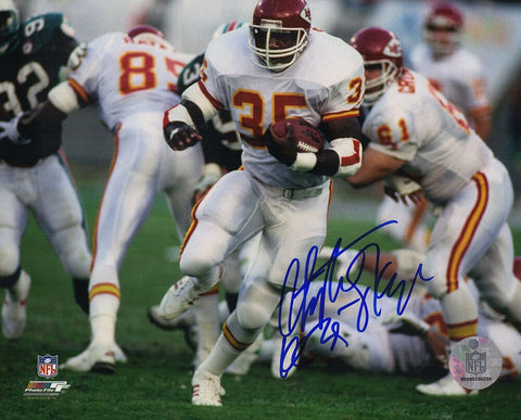 Christian Okoye Signed Chiefs White Jersey Action 8x10 Photo- (SCHWARTZ COA)