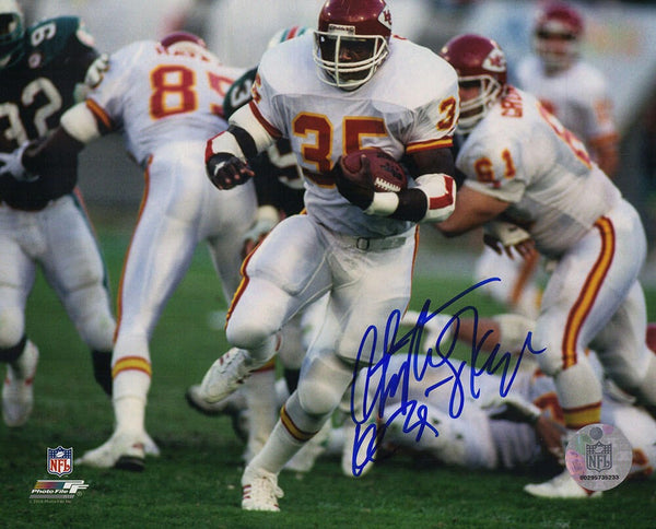 Christian Okoye Signed Chiefs White Jersey Action 8x10 Photo- (SCHWARTZ COA)