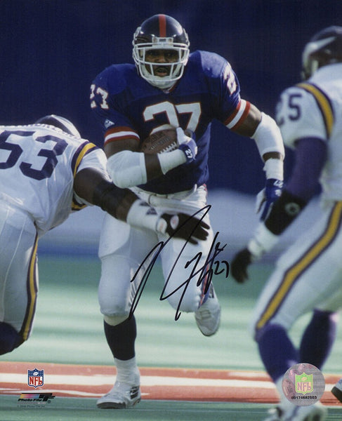 Rodney Hampton Signed Giants Blue Jersey vs Vikings Action 8x10 Photo - (SS COA)