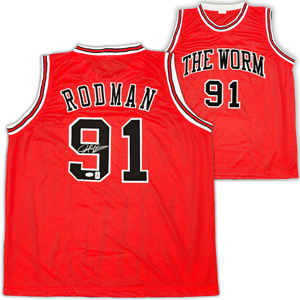 CHICAGO BULLS DENNIS RODMAN AUTOGRAPHED SIGNED RED JERSEY JSA STOCK #215733