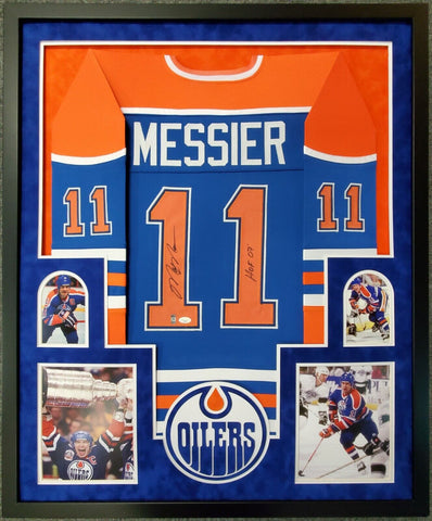 FRAMED EDMONTON OILERS MARK MESSIER SIGNED JERSEY JSA/COLLECTIBLE EXCH. DUAL COA