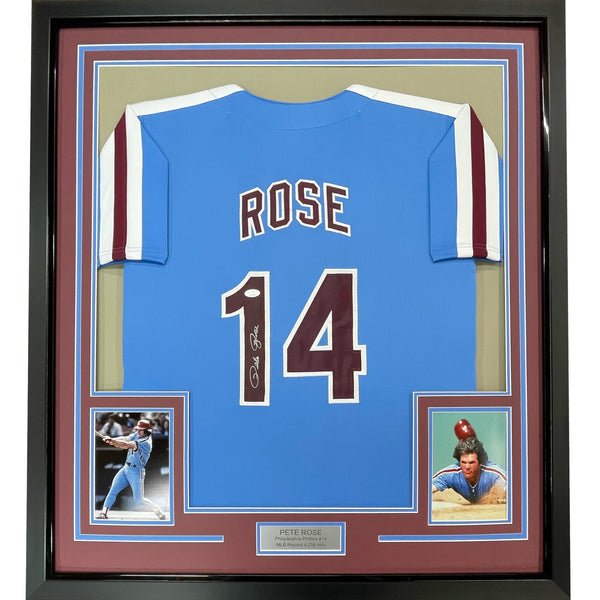 Framed Signed Pete Rose 35x39 Philadelphia Retro Blue Jersey JSA COA