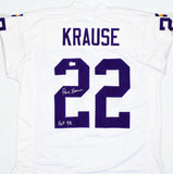 Paul Krause Autographed White Pro Style Jersey w/ HOF- Beckett W Hologram