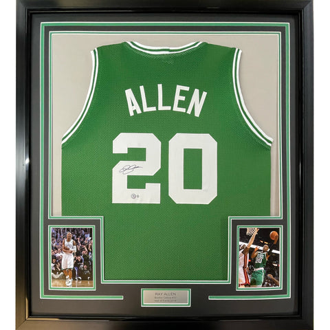 Framed Autographed/Signed Ray Allen 33x42 Boston Green Jersey Beckett BAS COA