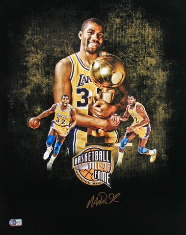Lakers Magic Johnson Signed 16x20 Hall Of Fame Custom Art Photo BAS Witnessed