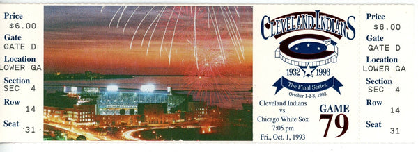 Cleveland Indians Municipal Stadium Last Series 10/1-3 93 White Sox Ticket 56247