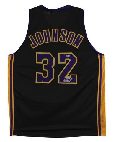 Magic Johnson Signed Black Pro Style Jersey w/ Purple Numbers BAS Witnessed 2