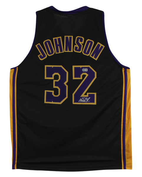 Magic Johnson Signed Black Pro Style Jersey w/ Purple Numbers BAS Witnessed 2