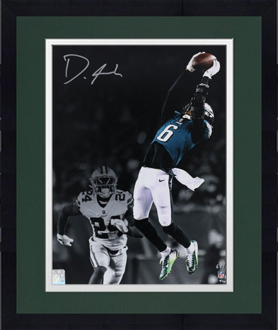 Framed DeVonta Smith Eagles Autographed 11x14 Leaping Catch Spotlight Photo