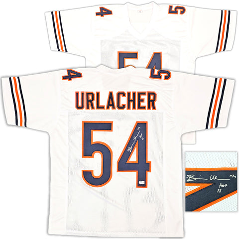 BEARS BRIAN URLACHER AUTOGRAPHED WHITE JERSEY "HOF 18" BECKETT WITNESS 221056
