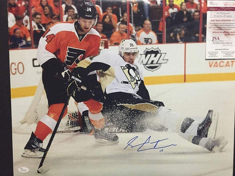 Autographed/Signed SEAN COUTURIER Flyers Vs Malkin 16x20 Photo JSA COA
