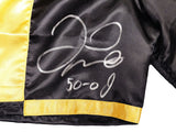 FLOYD MAYWEATHER JR. AUTOGRAPHED BLACK & GOLD BOXING TRUNKS 50-0 BECKETT 221641