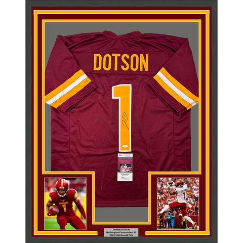 Framed Autographed/Signed Jahan Dotson 33x42 Washington Burgundy Jersey JSA COA