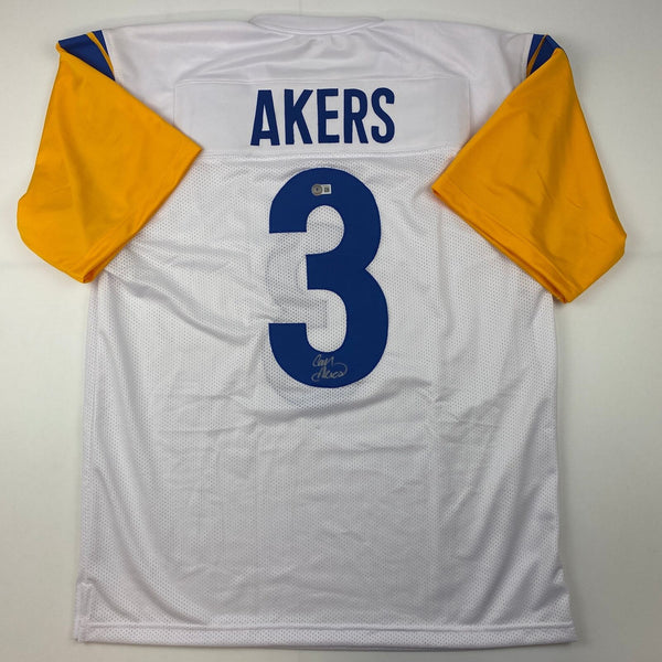 Autographed/Signed Cam Akers Los Angeles LA White Football Jersey Beckett COA