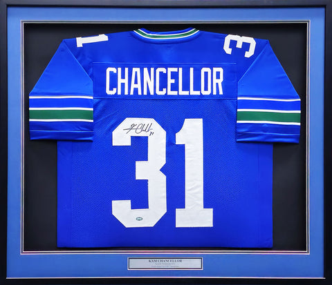 SEAHAWKS KAM CHANCELLOR AUTOGRAPHED FRAMED BLUE THROWBACK JERSEY MCS HOLO 223784