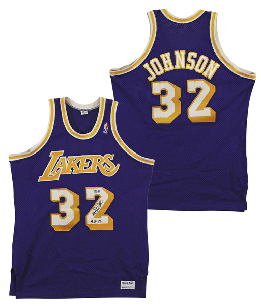 Lakers Magic Johnson "HOF 02" Signed Purple MacGregor Sand-Knit Jersey BAS Wit