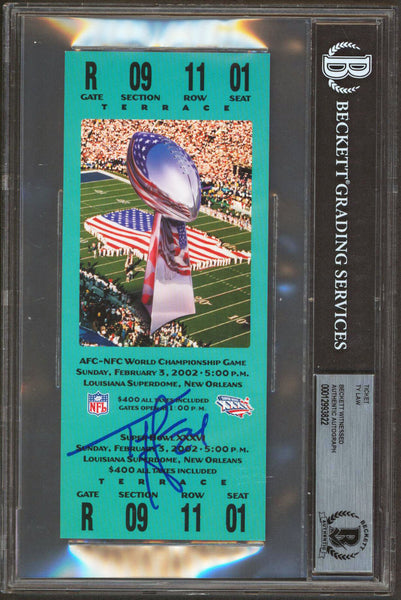 Patriots Ty Law Authentic Signed SB XXXVI Replica Ticket Stub BAS Slabbed